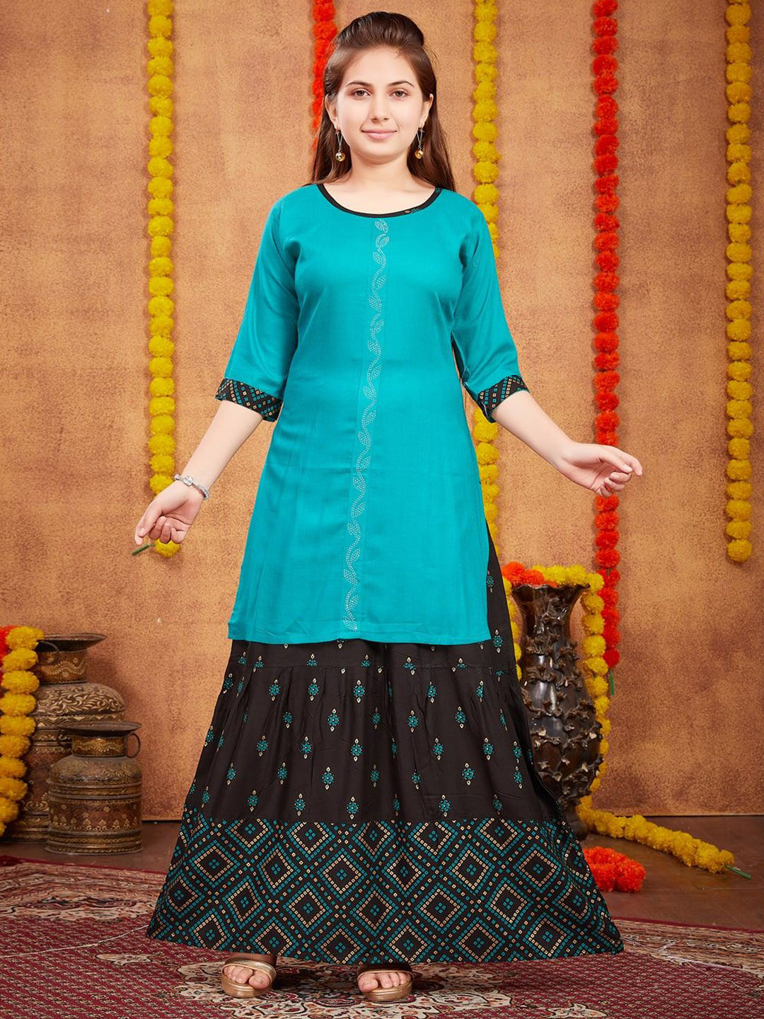 

BAESD Girls Regular Beads and Stones Kurti with Skirt, Turquoise blue