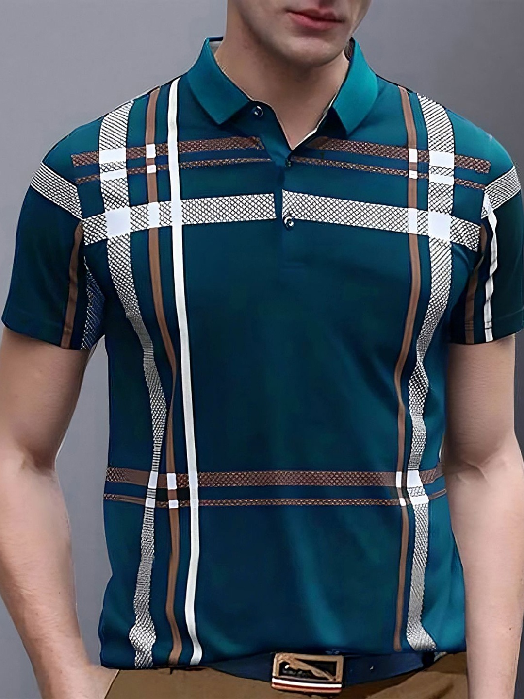 

AUSK Men Striped Polo Collar Cotton T-Shirt, Teal