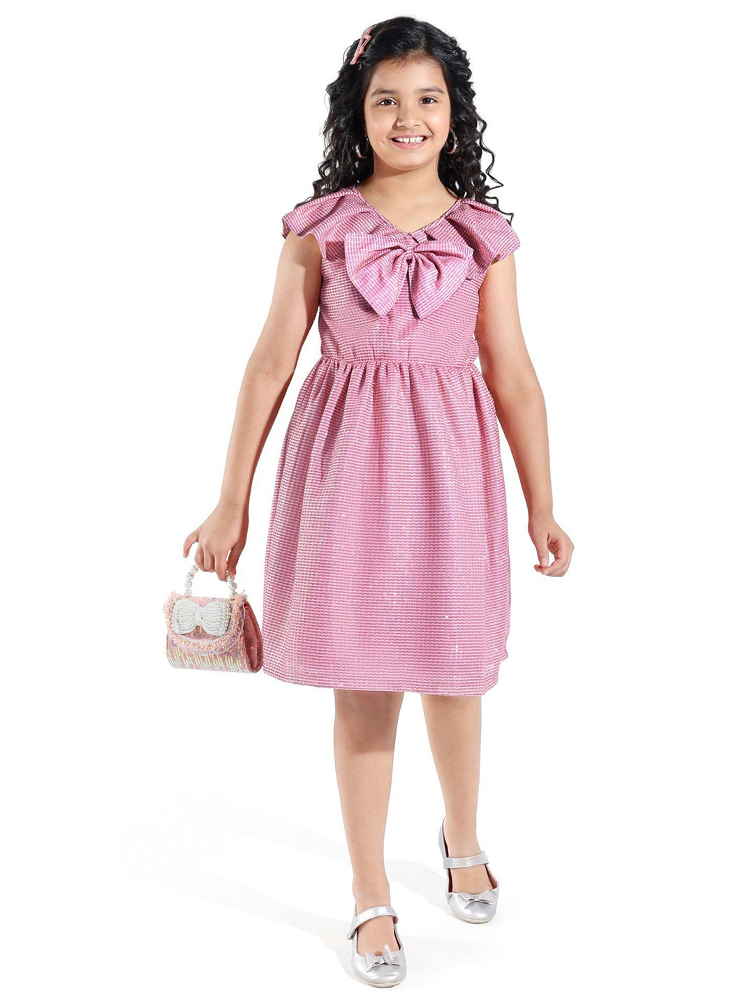 

Hola Bonita Girls Printed Sleeveless Bow Detailed Fit & Flare Dress, Pink