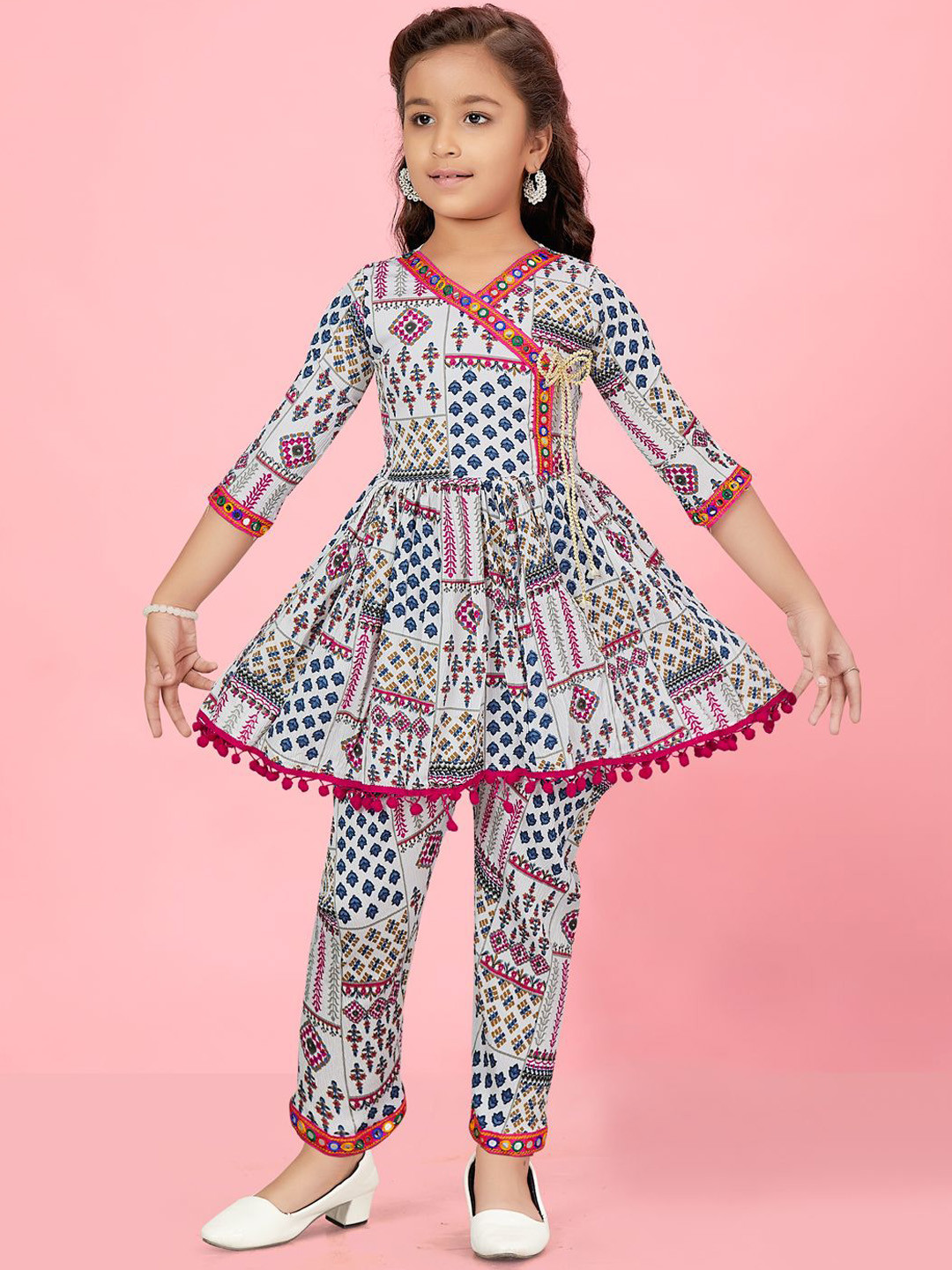 

BAESD Girls Floral Printed Regular A-Line Kurti with Trousers, White