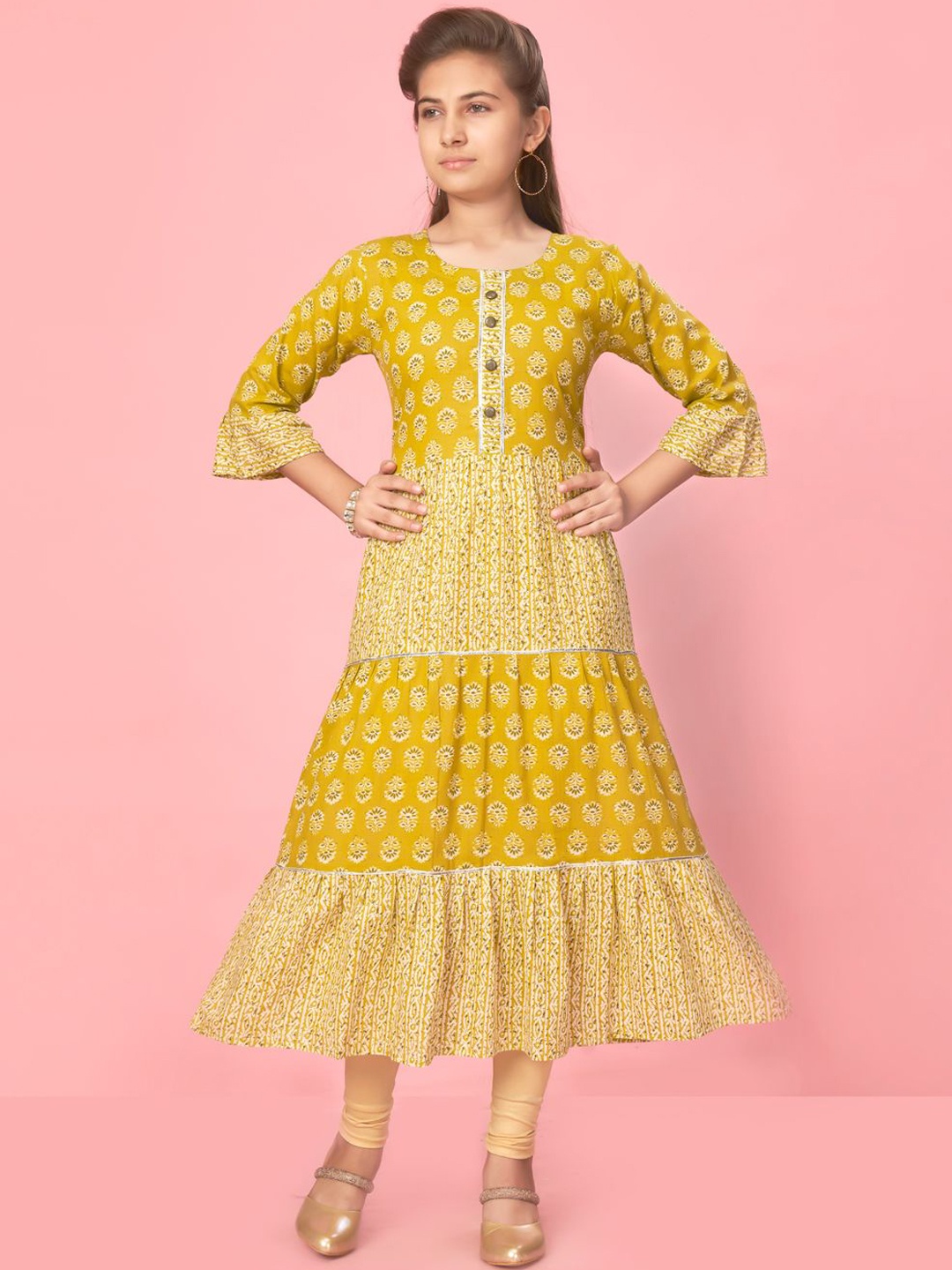 

BAESD Girls Floral Printed Cotton A-Line Tiered Kurta, Yellow