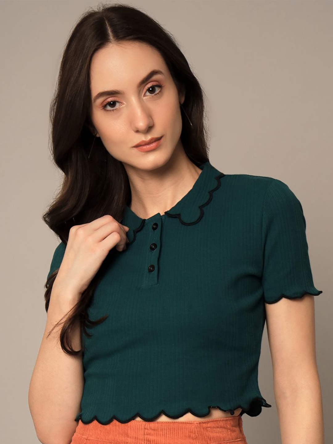 

Yaadleen Women Solid Knits Shirt Collar Pure Cotton Top, Green