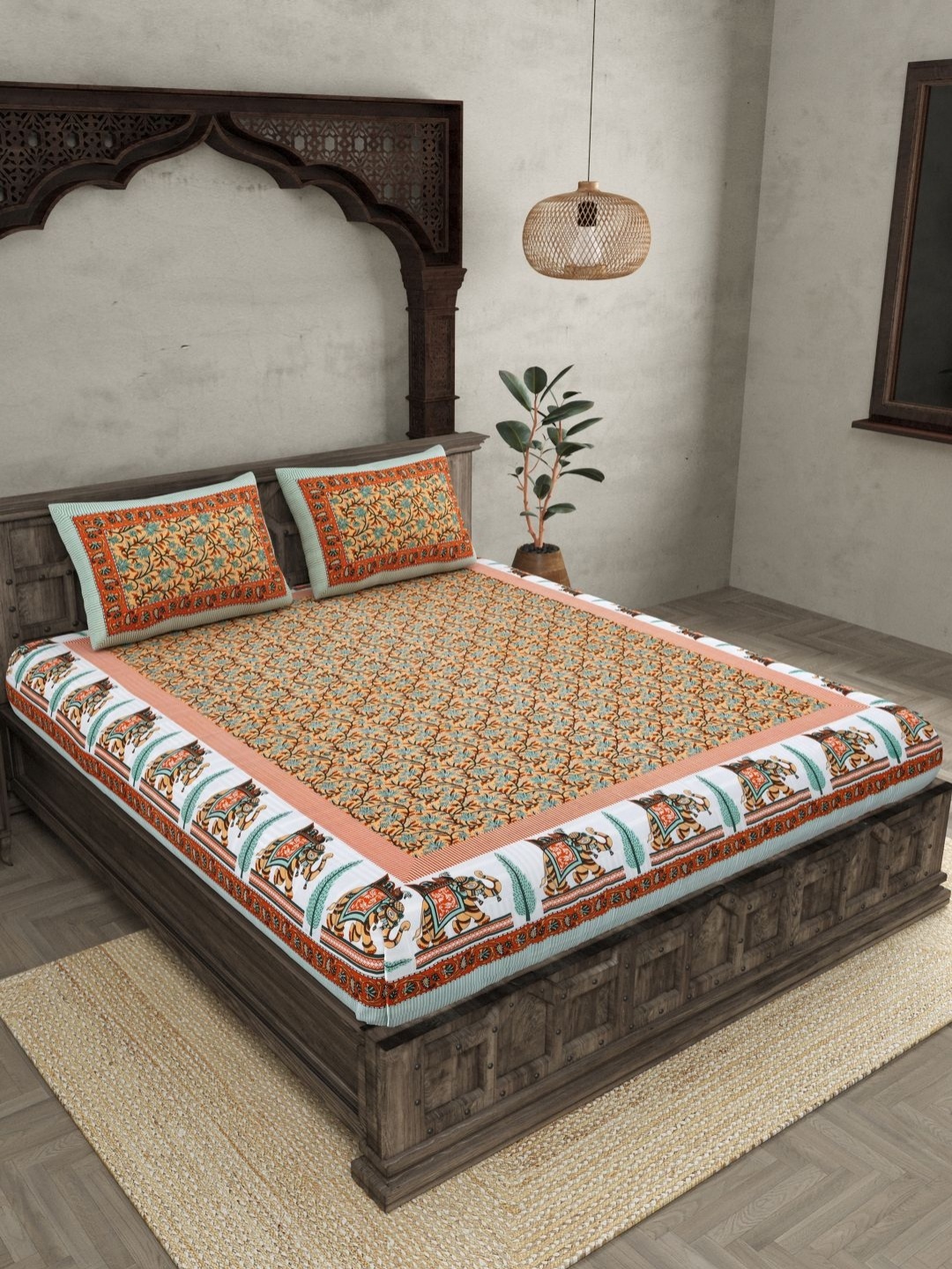 

JAIPUR FABRIC Orange Colored Floral 144 TC Cotton King Bedsheet with 2 Pillow Covers