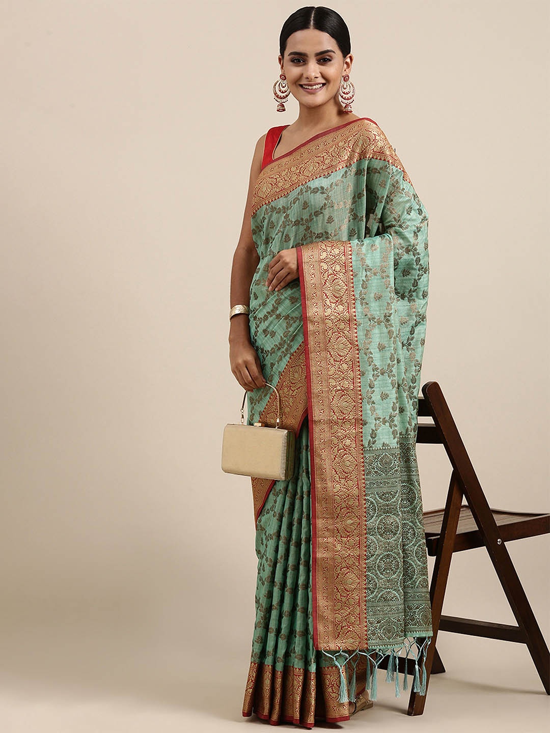 

Jinal & Jinal Woven Design Zari Silk Cotton Chanderi Saree, Sea green