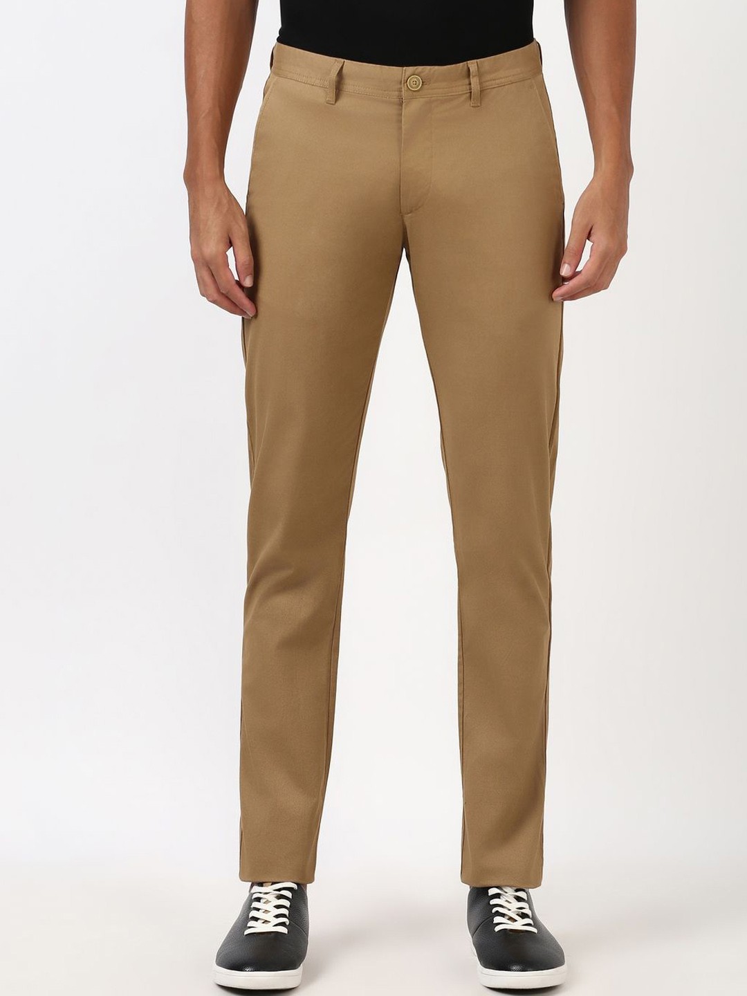 

Peter England Men Casuals Solid Printed Slim Fit Trousers, Khaki