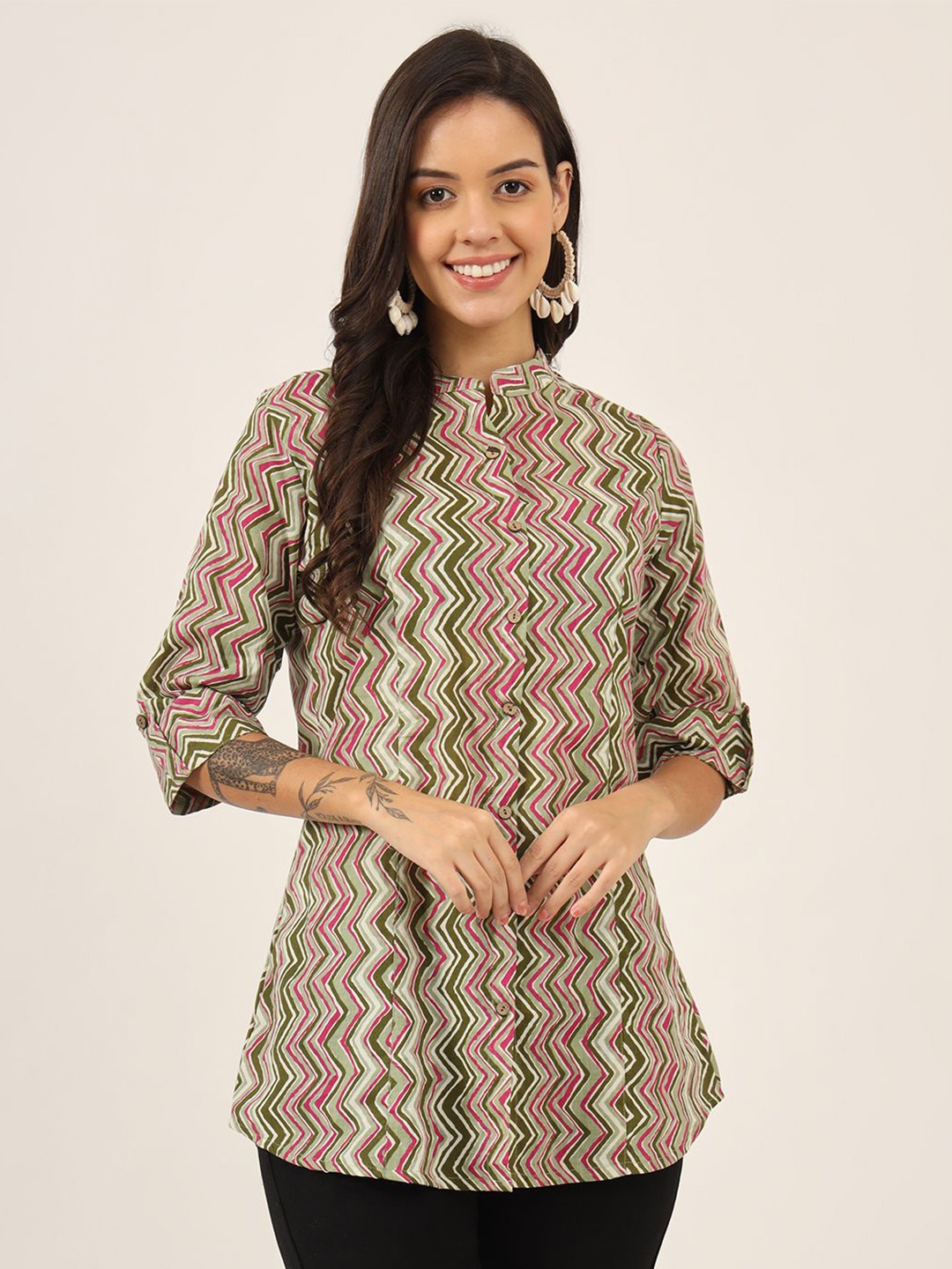 

KALINI Women Abstract Printed Mandarin Collar Cotton Top, Green