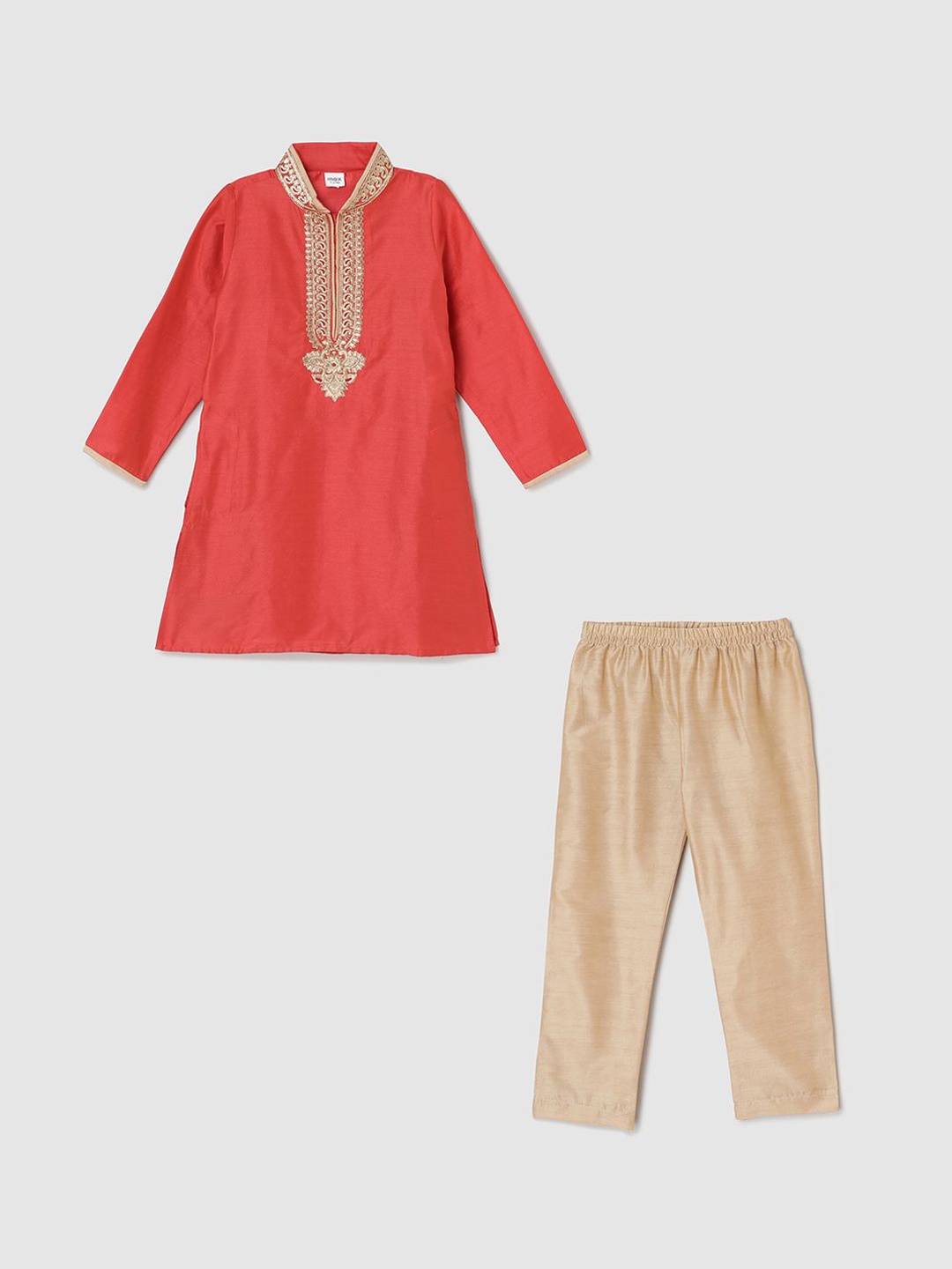 

max Boys Embroidered Yoke Design Zari Mandarin Collar Kurta With Pyjamas, Red