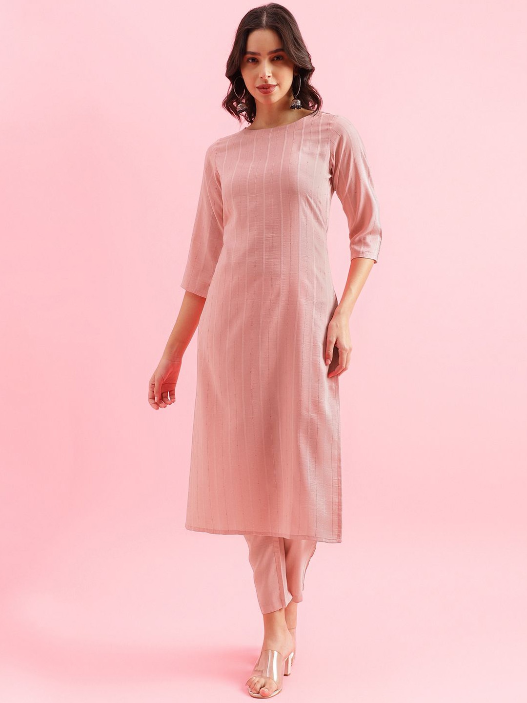 

KALINI Striped Embroidered Sequinned Straight Kurta with Trousers, Pink