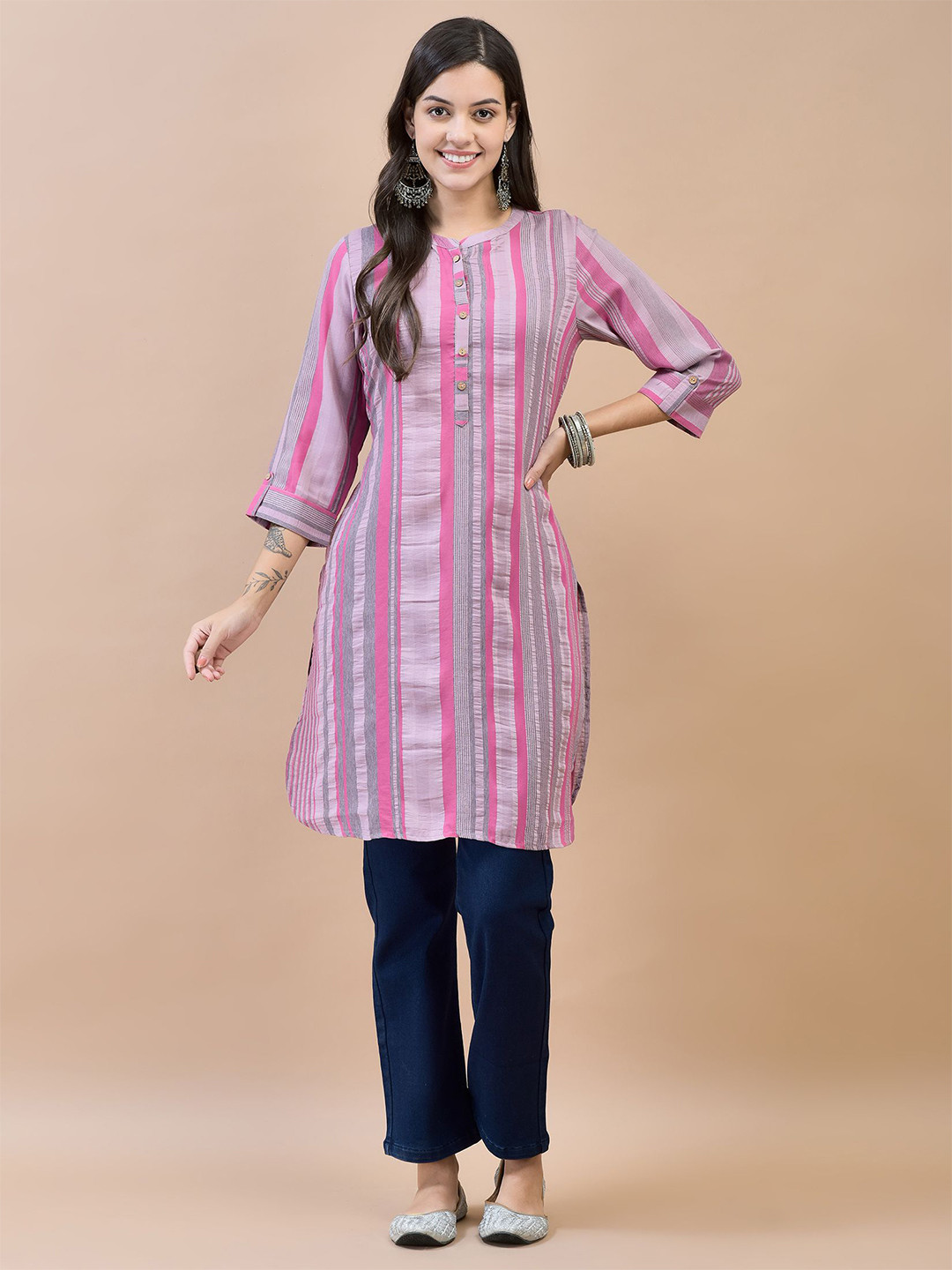 

Shree Striped Empire Kurti, Pink