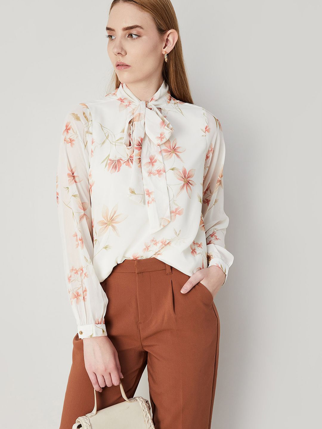 

CODE by Lifestyle Women Floral Printed Tie-Up Neck Top, Off white