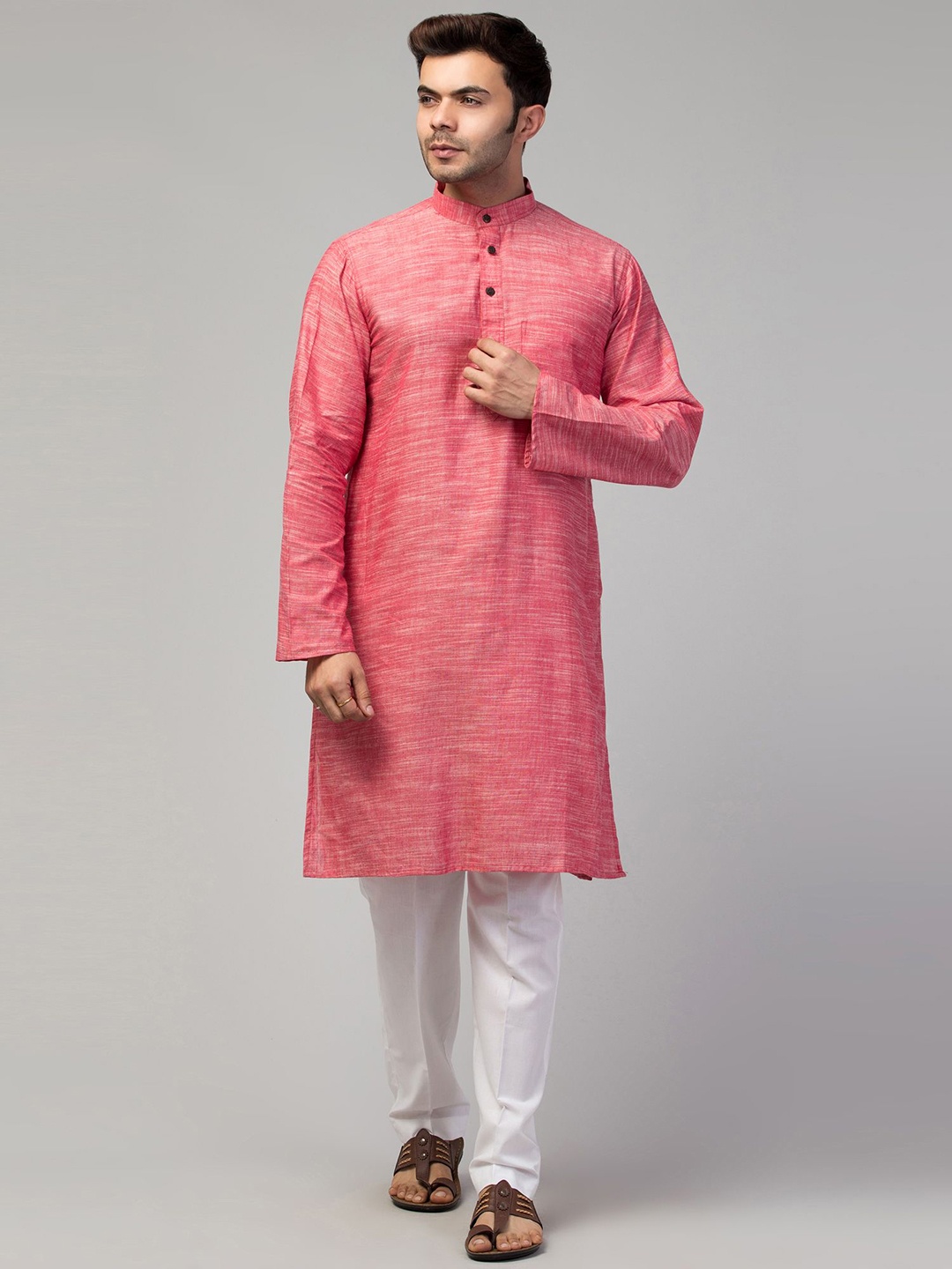 

MUSHKIYA Woven Design Band Collar Straight Kurta, Pink