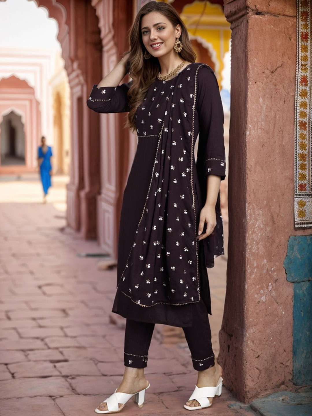 

KALINI Floral Printed Gotta Patti Straight Kurta With Trousers & Dupatta, Brown