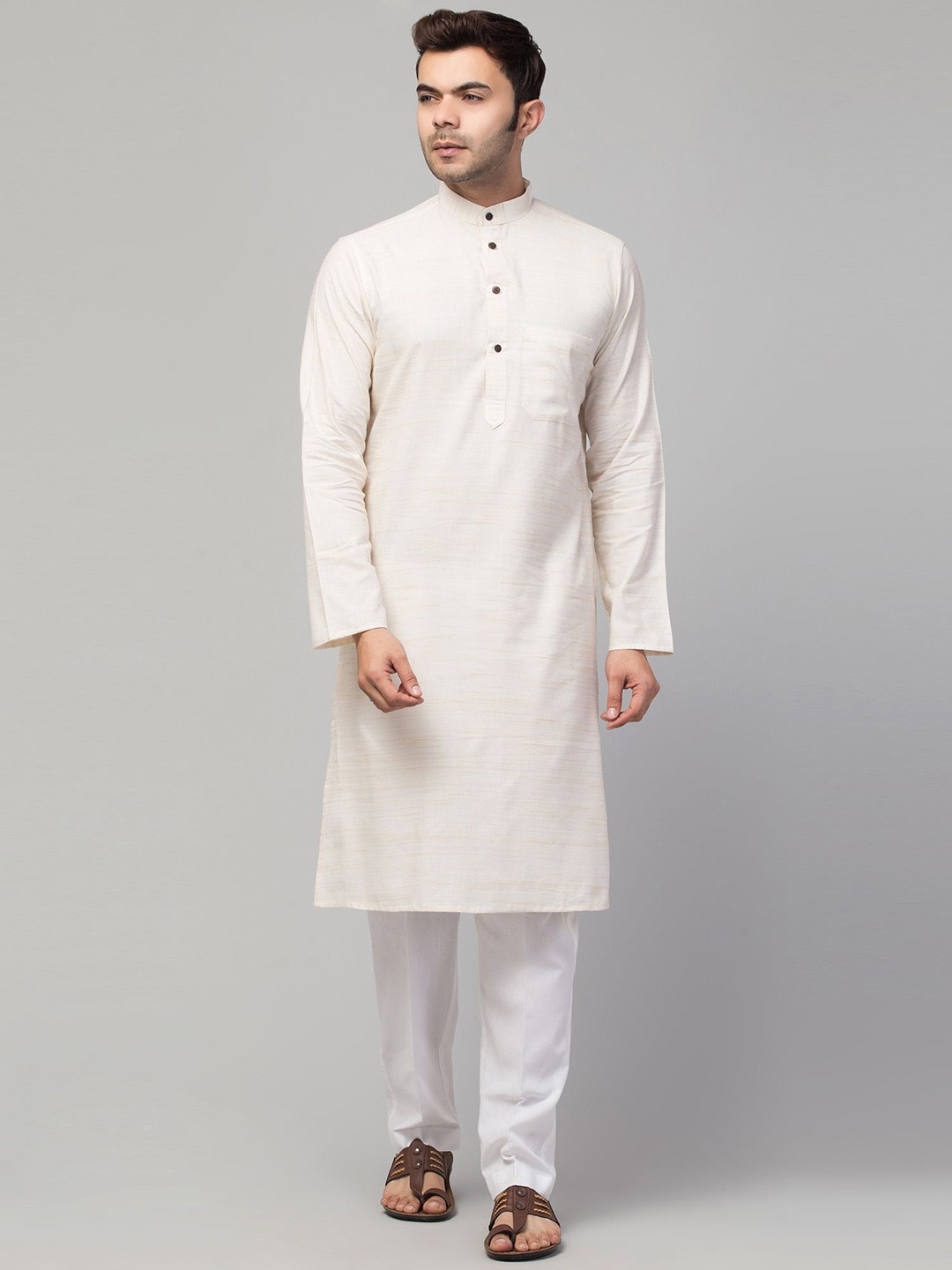 

MUSHKIYA Mandarin Collar Pure Cotton Straight Kurta, Brown