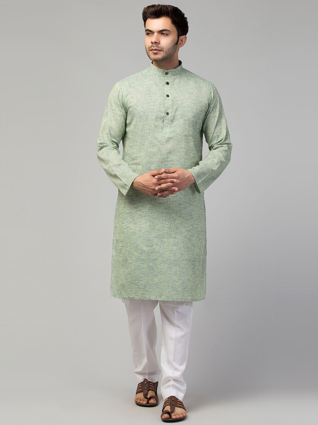 

MUSHKIYA Band Collar Long Sleeves Straight Kurta, Green
