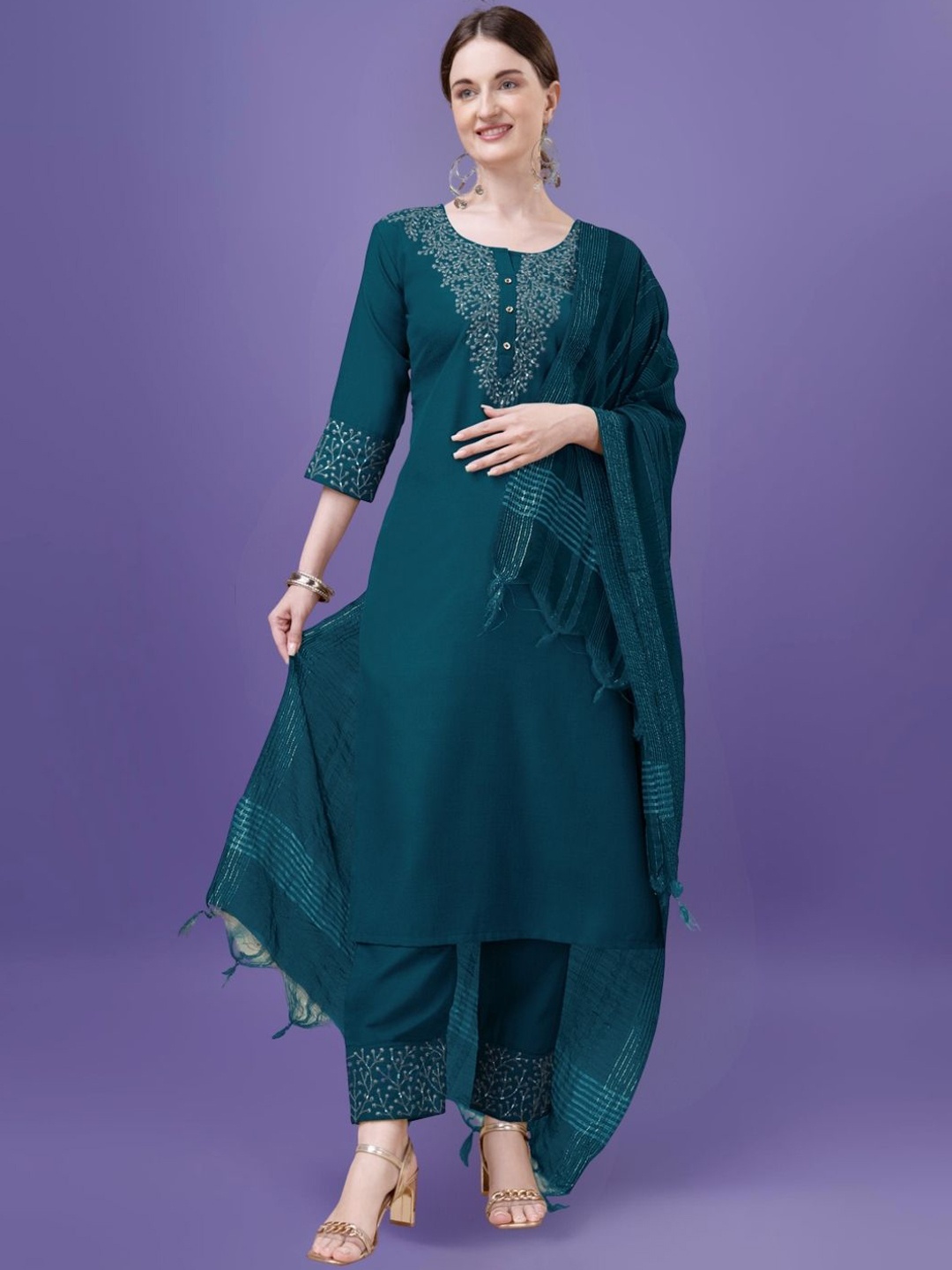 

MAGMINA Floral Embroidered Thread Work Straight Kurta With Trousers & Dupatta, Turquoise blue