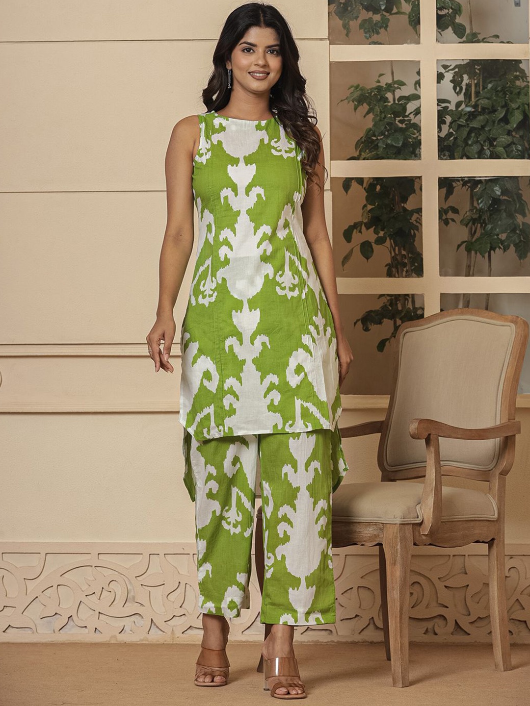 

Yufta Printed Pure Cotton Tunic With Trousers Co-Ords, Green