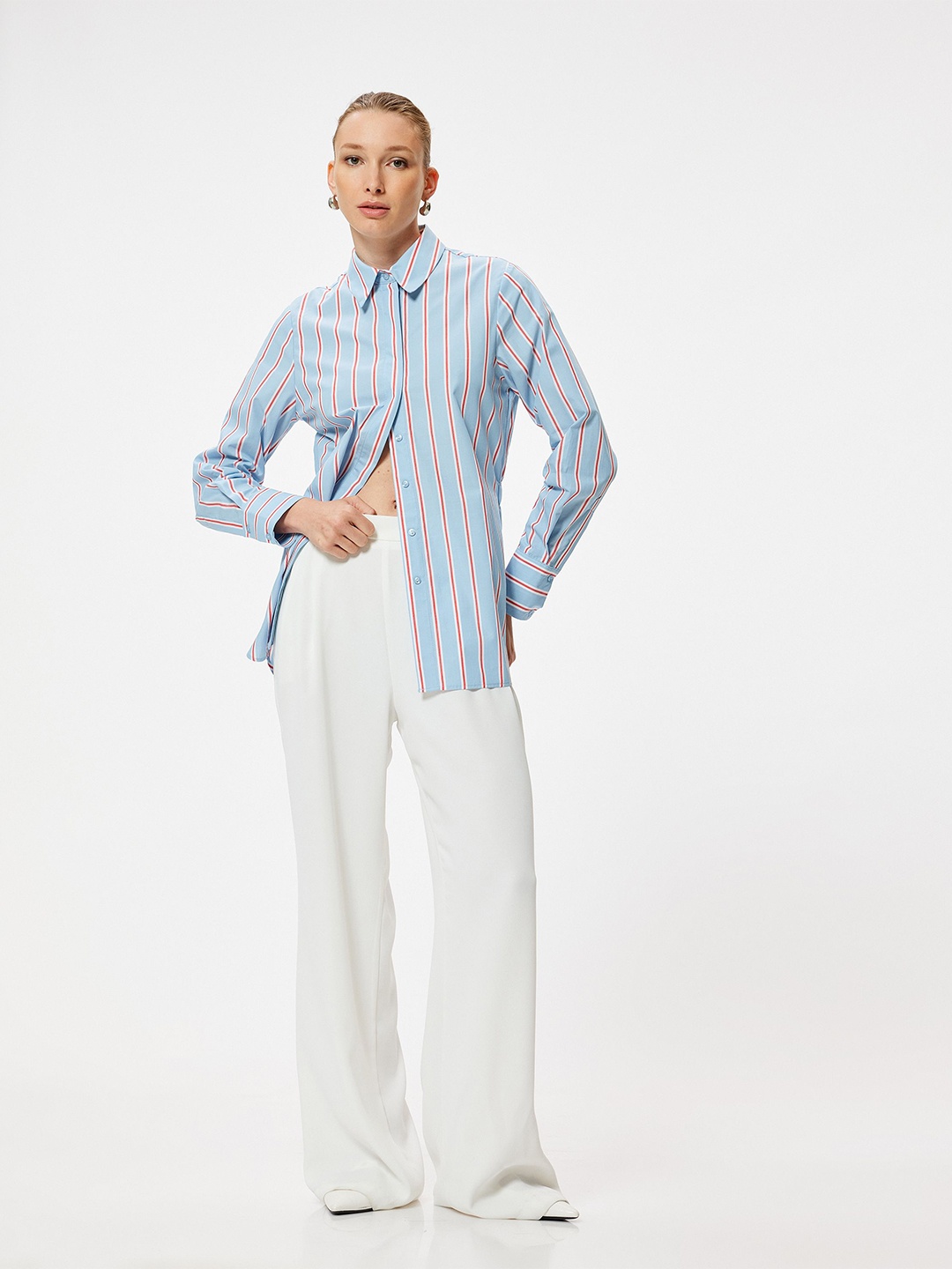 

Koton Women Spread Collar Vertical Striped Cotton Casual Shirt, Blue