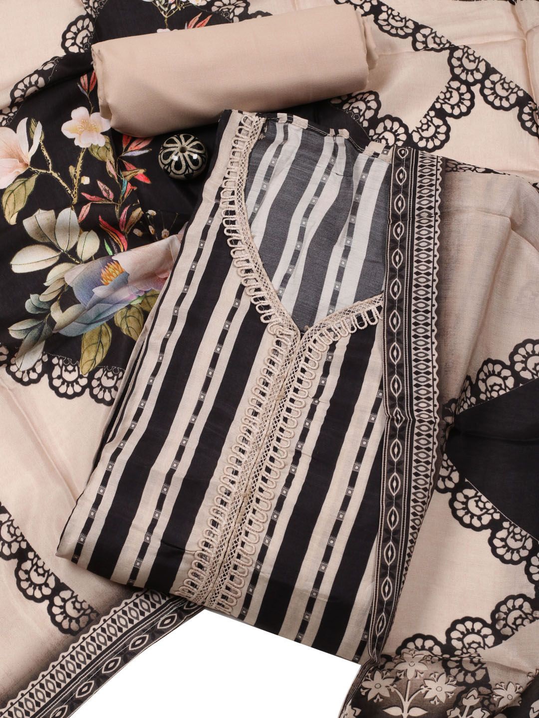 

Meena Bazaar Printed Art Silk Unstitched Dress Material, Beige