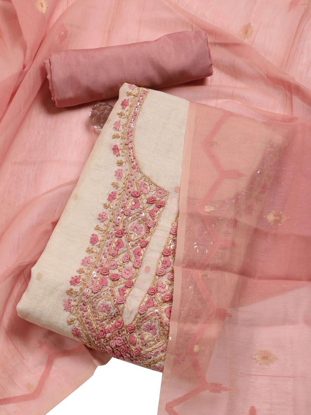 

Meena Bazaar Embroidered Art Silk Unstitched Dress Material, Cream