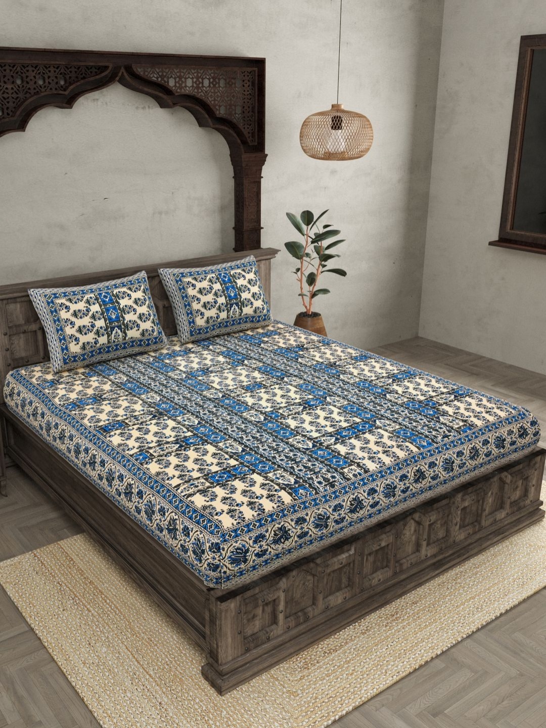 

JAIPUR FABRIC Blue Ethnic Motifs 144 TC Pure Cotton King Bedsheet with 2 Pillow Covers