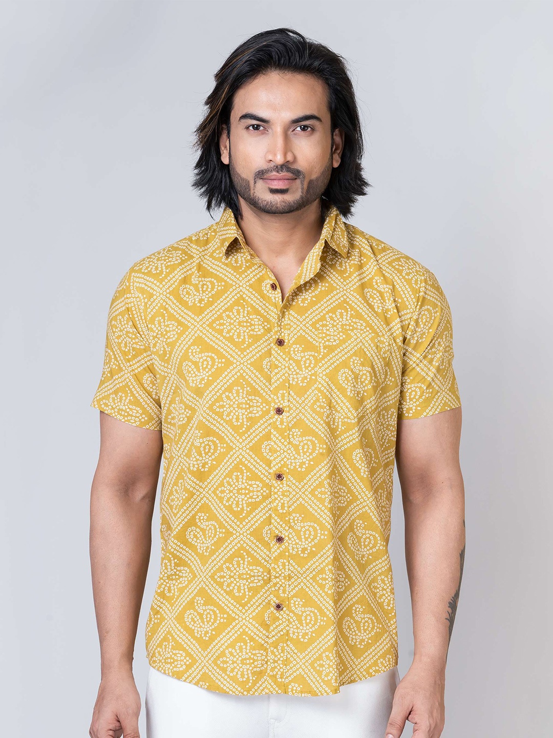 

Kartikeya Jaipur Men Standard Spread Collar Ethnic Printed Cotton Slim Fit Casual Shirt, Yellow