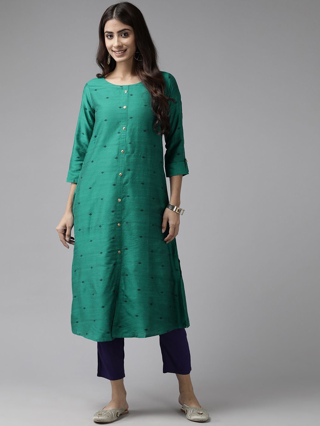 

BAESD Geometric Woven Design Straight Kurta, Green