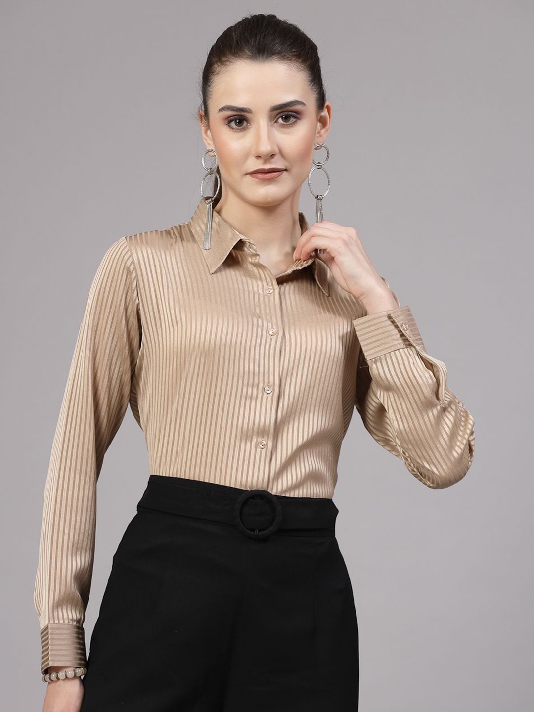 

Style Quotient Women Smart Spread Collar Striped Satin Casual Shirt, Brown