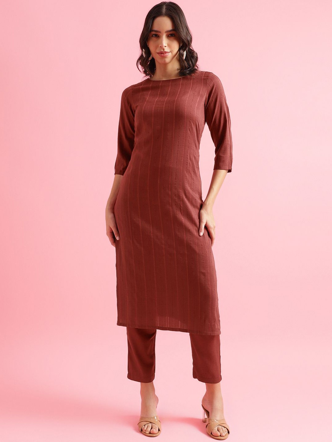

KALINI Striped Woven Design Straight Kurta with Trousers, Maroon