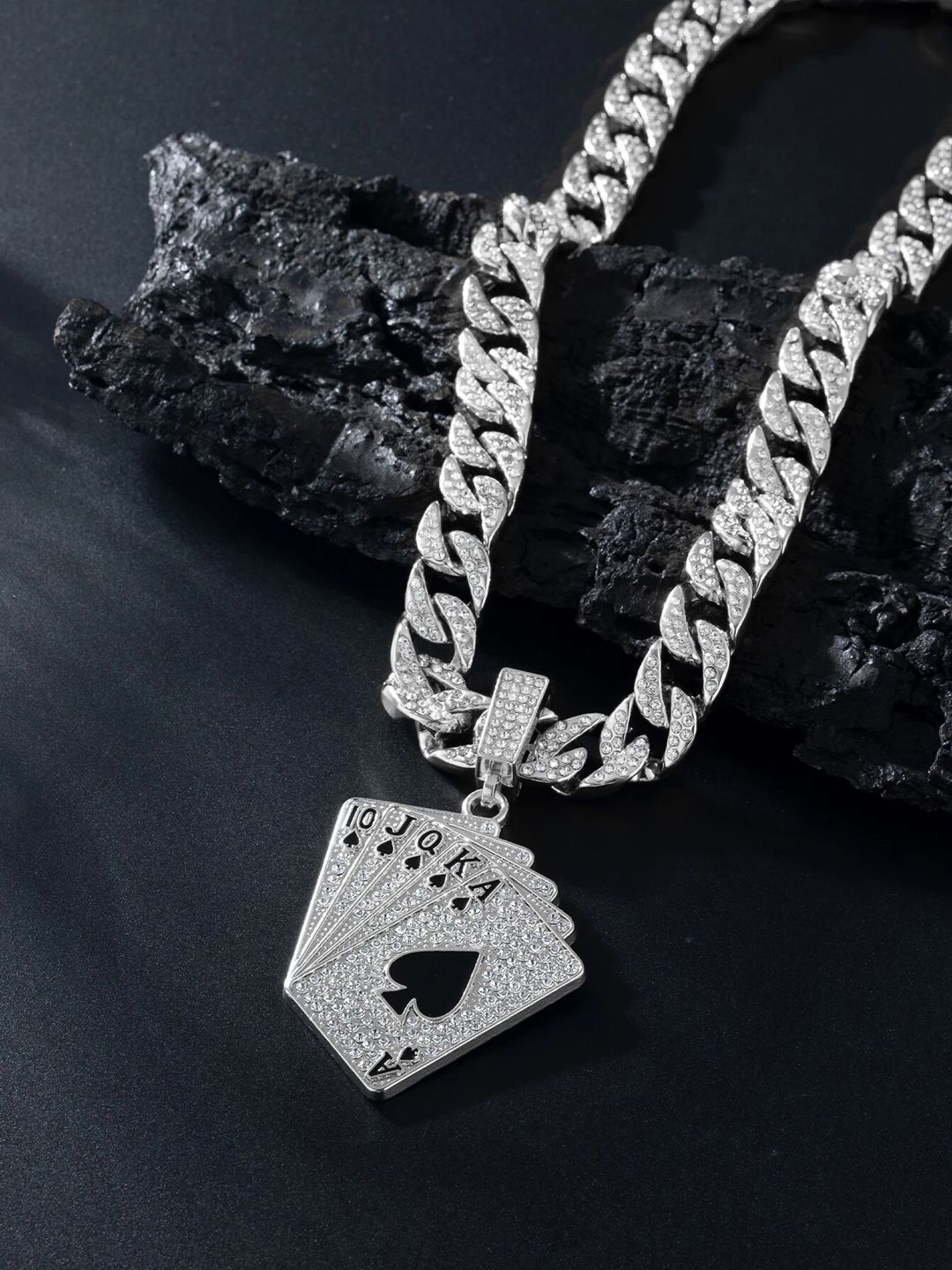 

KRENOZ Men Silver-Plated Stainless Steel Stones-Studded Pendant With Chain