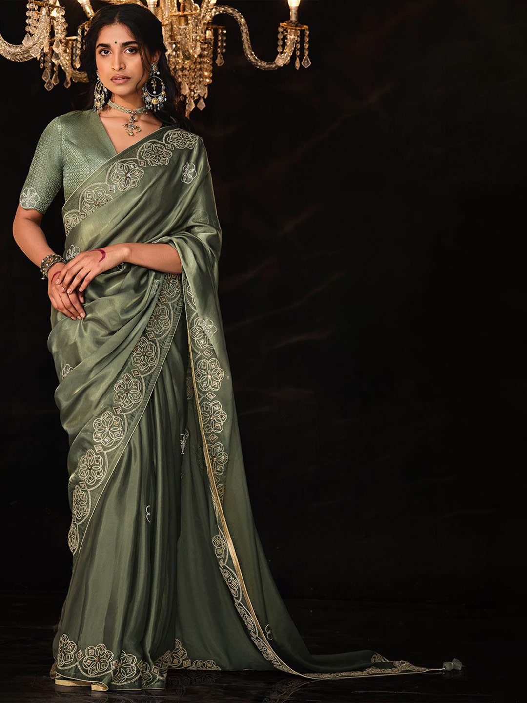 

MySilkLove Floral Satin Saree, Green