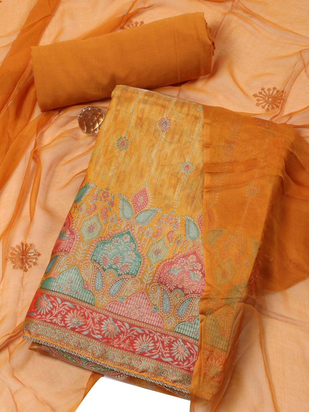 

Meena Bazaar Art Silk Unstitched Dress Material, Mustard