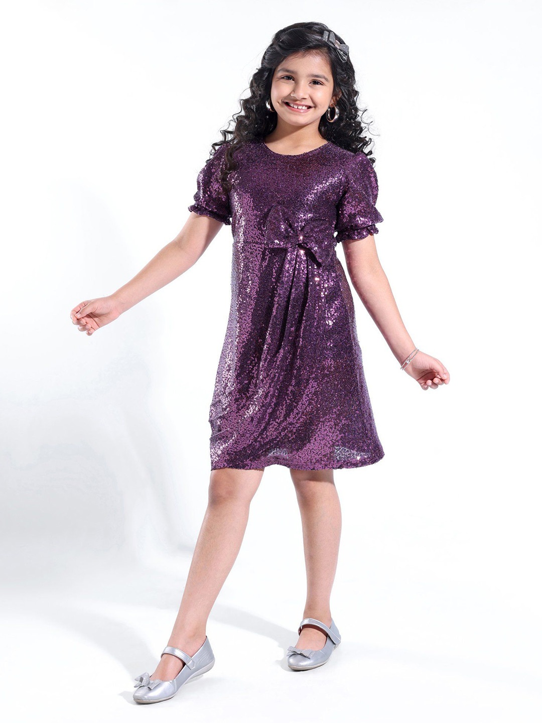 

Hola Bonita Girls Embellished Sequinned Puff Sleeves A-Line Dress, Purple