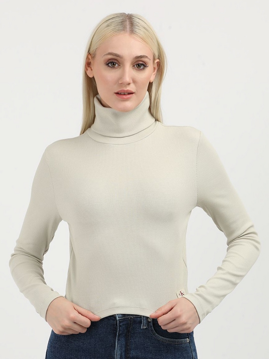 

Calvin Klein Jeans Women High Neck Pockets Slim Fit T-shirt, Beige