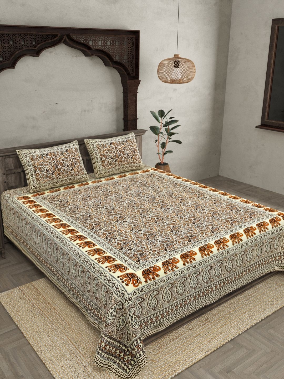 

JAIPUR FABRIC Brown Ethnic Motifs 144 TC Pure Cotton King Bedsheet with 2 Pillow Covers