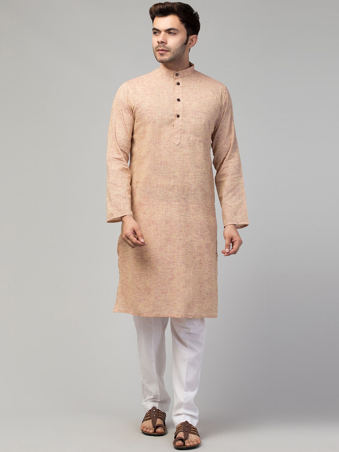 

MUSHKIYA Band Collar Pure Cotton Straight Kurta, Orange