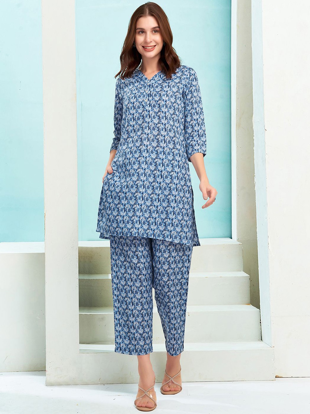 

Selvia Printed Pure Cotton Tunic & Trouser, Blue