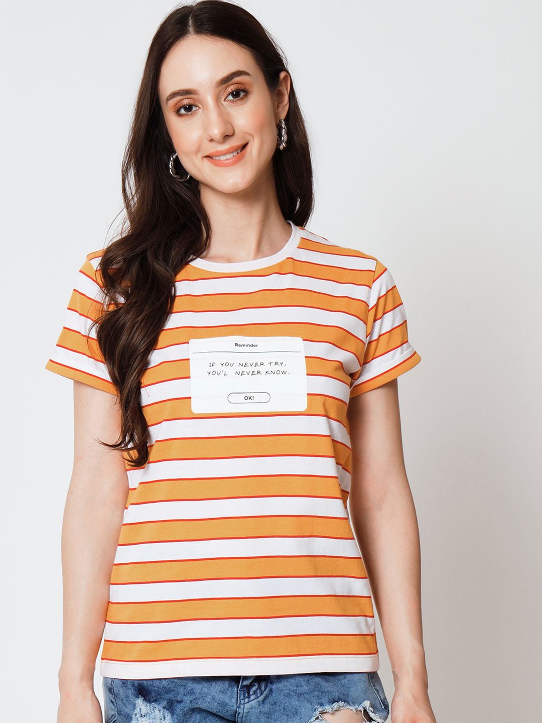 

Yaadleen Women Striped Round Neck Cotton Top, Yellow