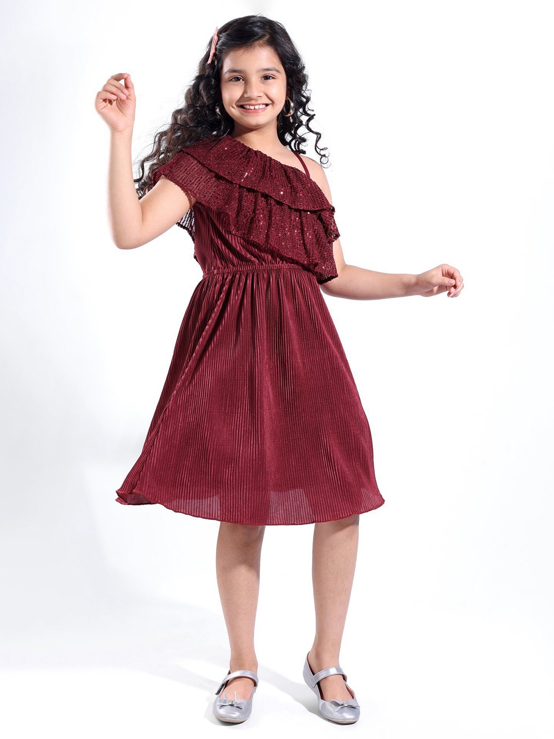 

Hola Bonita Girls Sequinned Ruffle Fit & Flare Dress, Maroon