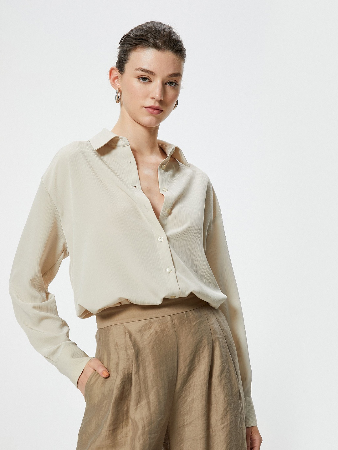 

Koton Women Spread Collar Solid Casual Shirt, Beige