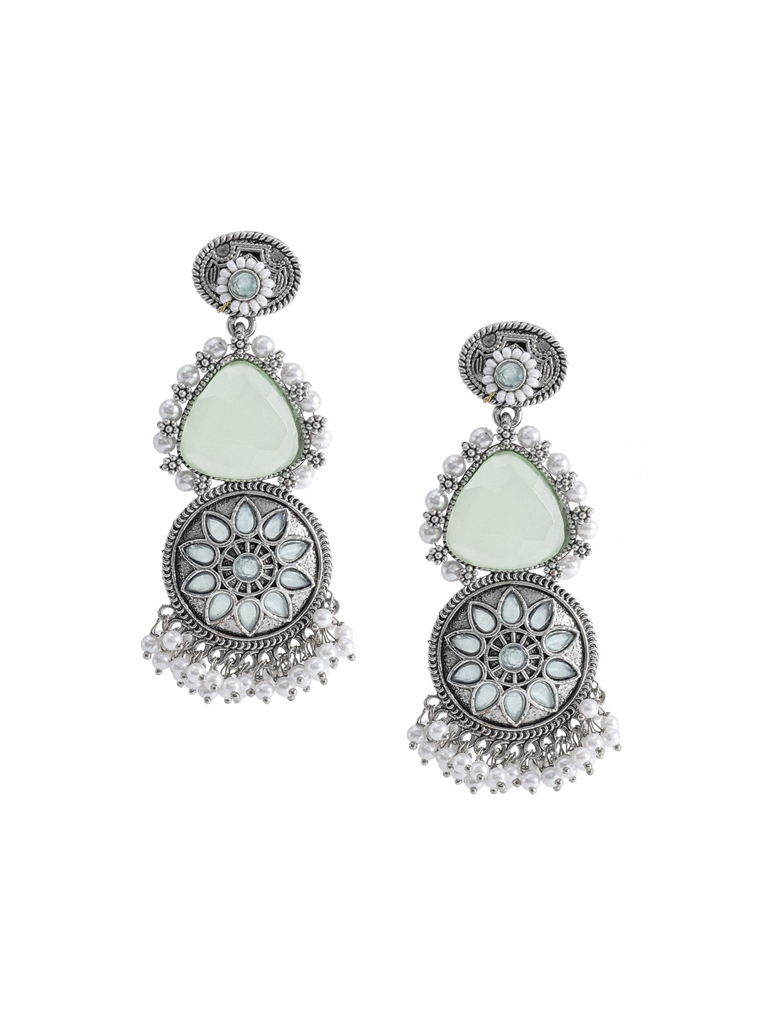 

Shining Jewel - By Shivansh Matte Silver-Plated Stones & Beads Oxidised Drop Earrings