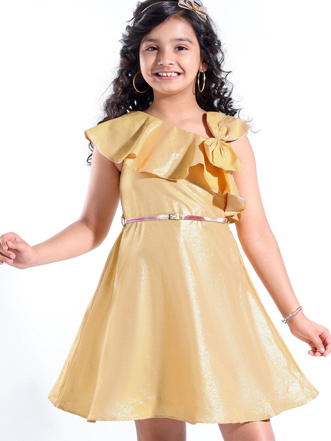

Hola Bonita Girls Fit & Flare Dress Comes with a belt, Gold