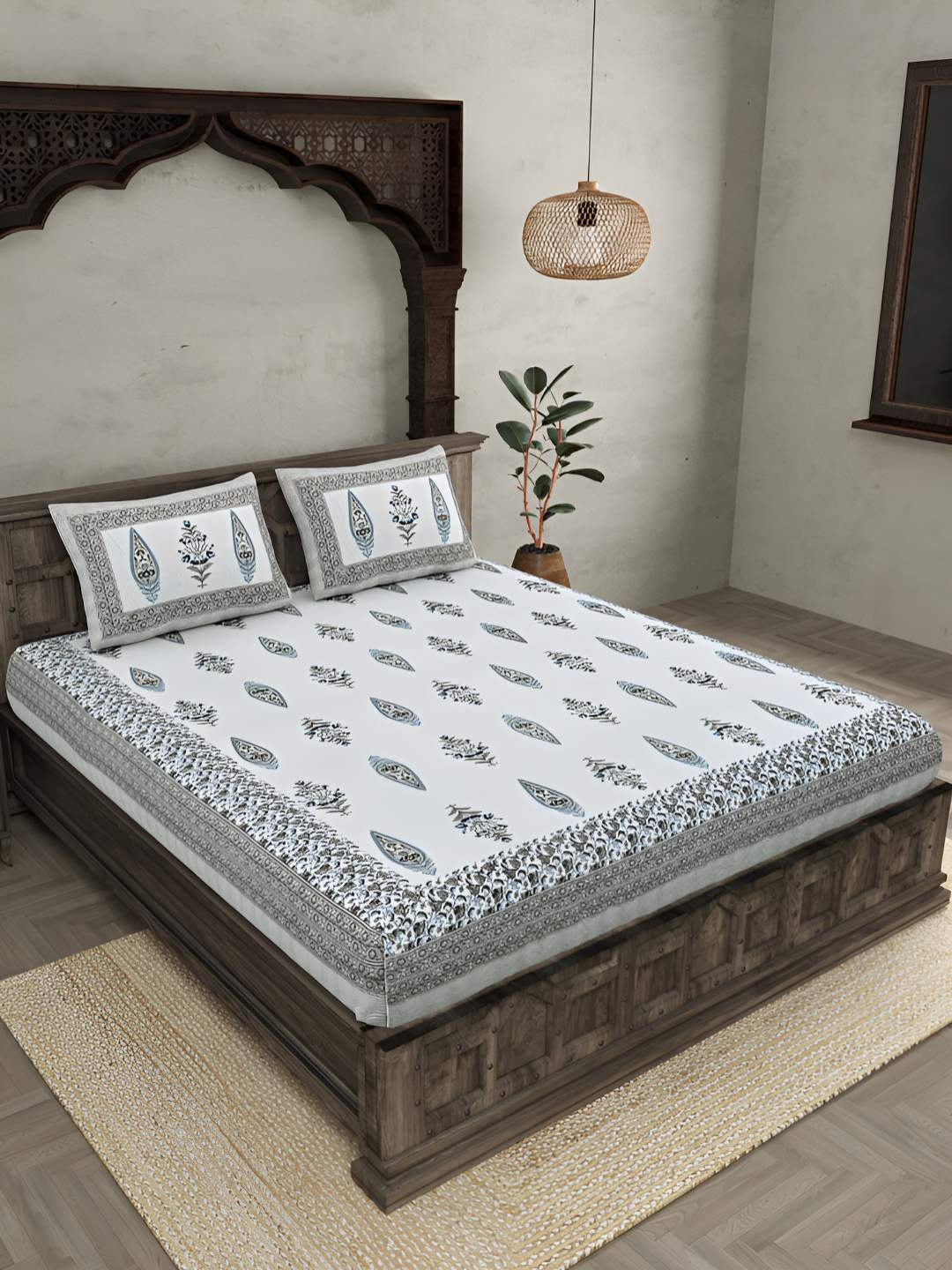 

BED-SHEET.COM Grey Pure Cotton Ethnic Motifs 144 TC King Bedsheet with 2 Pillow Covers