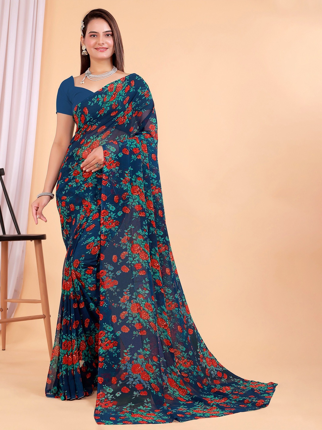 

HERE&NOW Floral Pure Georgette Saree, Navy blue