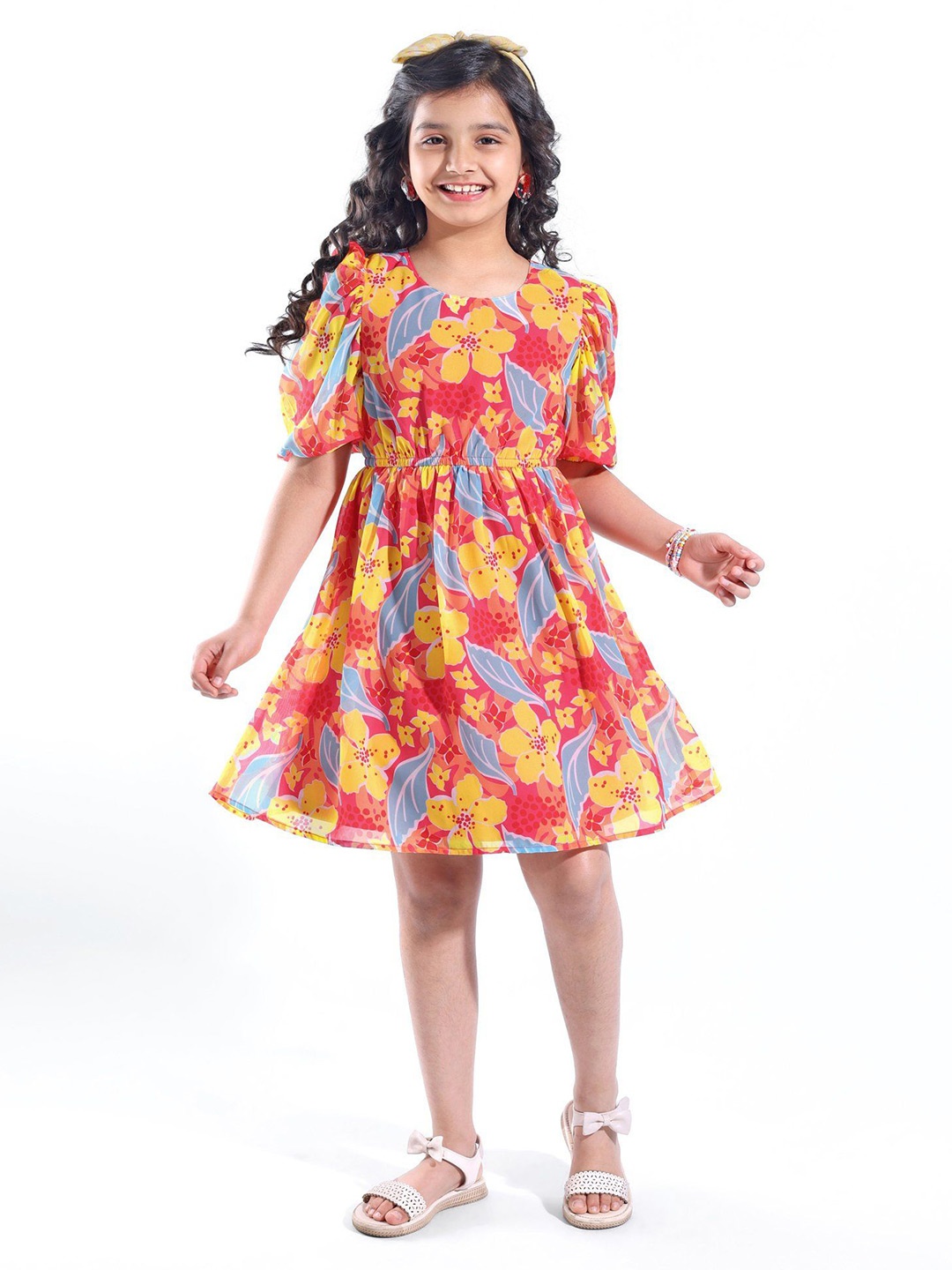 

Hola Bonita Girls Puff Sleeve Fit & Flare Floral Dress, Coral