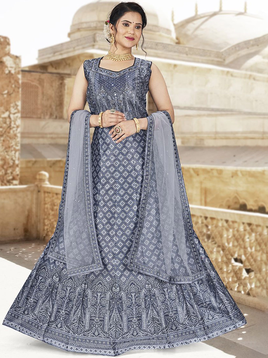 

EthnicTree Silk Embroidered Fit & Flared Maxi Dress With Dupatta, Grey