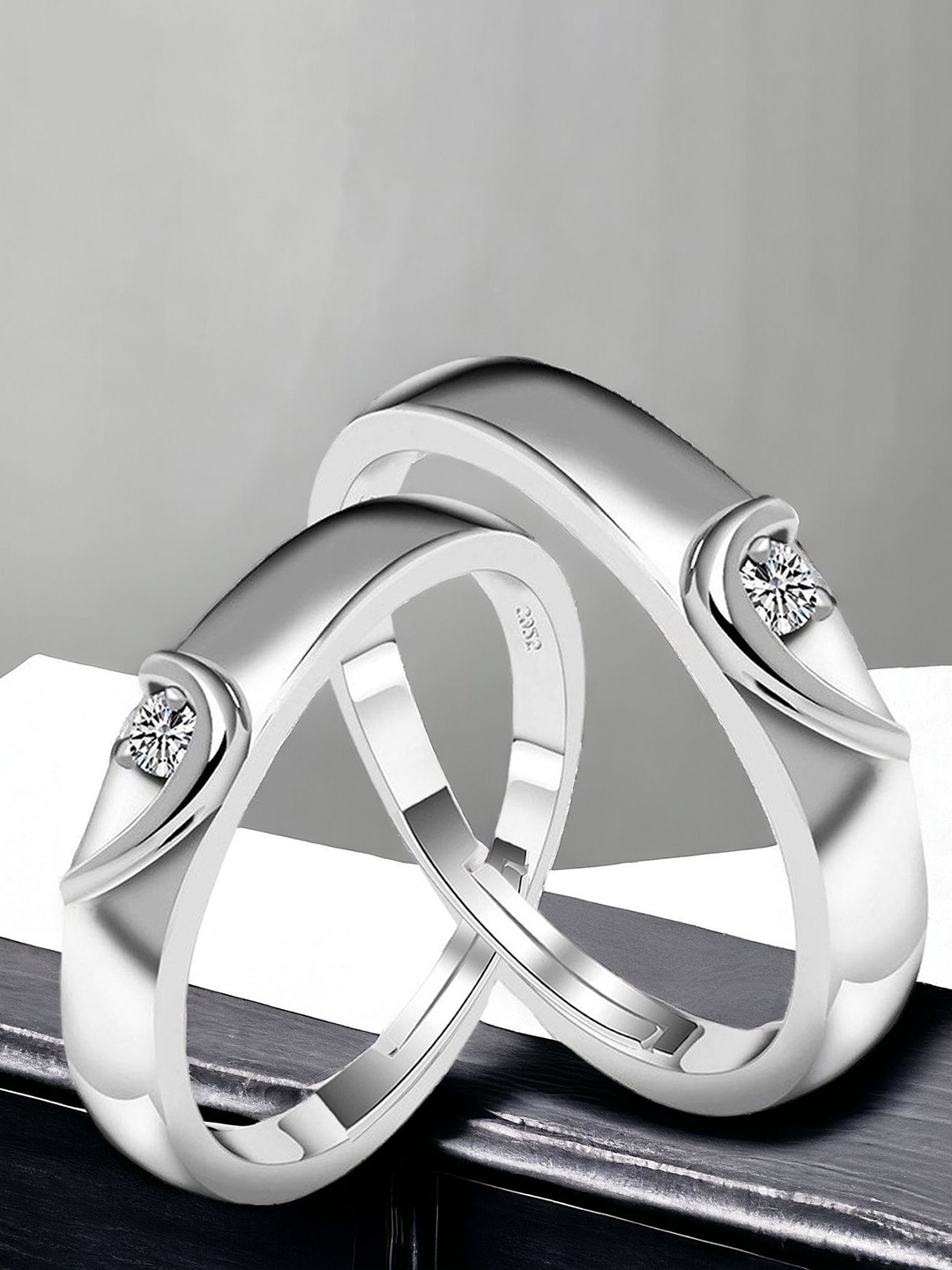

Okos Set Of 2 Rhodium-Plated Cubic Zirconia-Studded Solitaire Couple Finger Rings, Silver