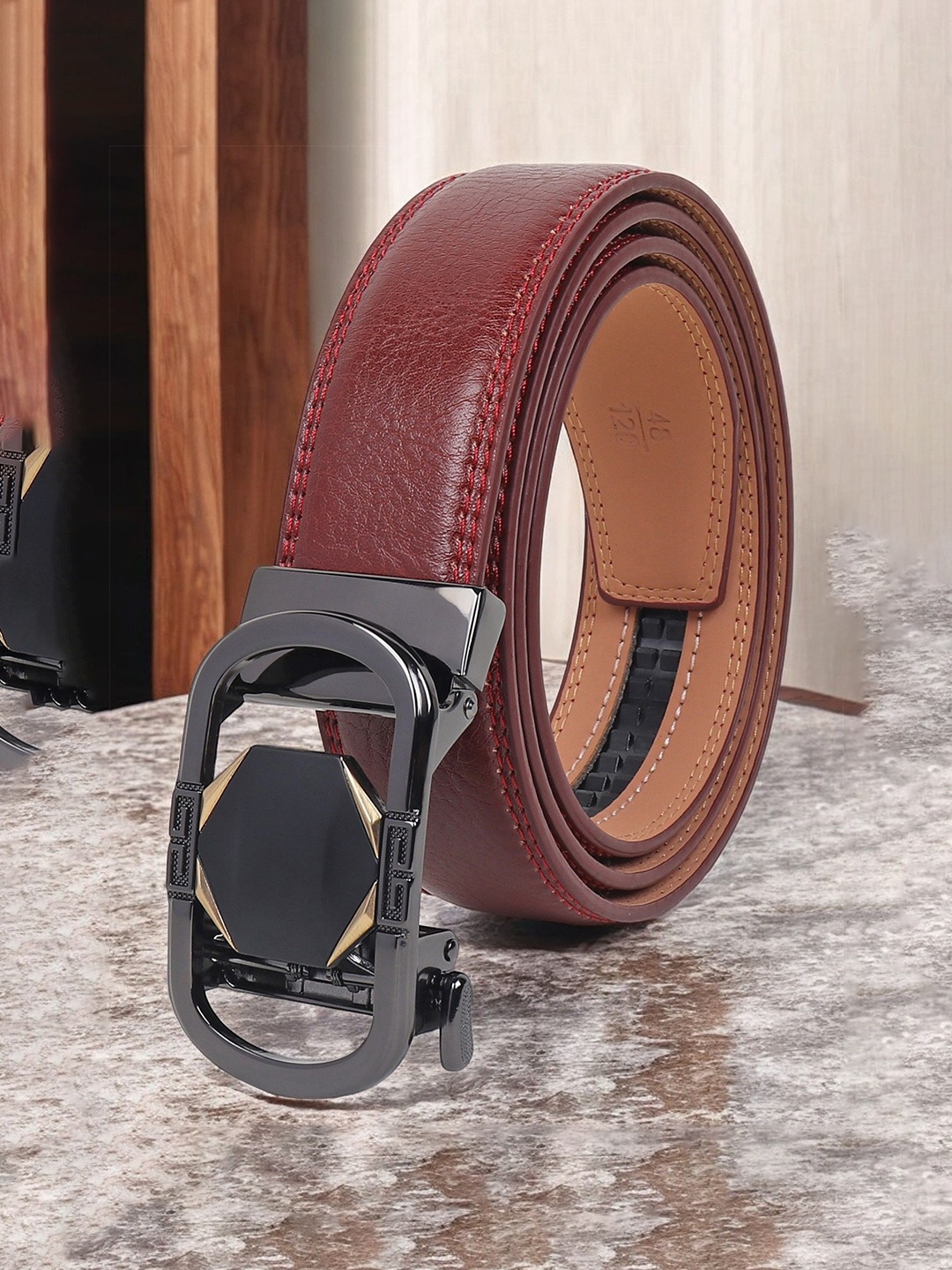 

INVICTUS Men Slider Buckle Closure Textured Casual Belt, Red