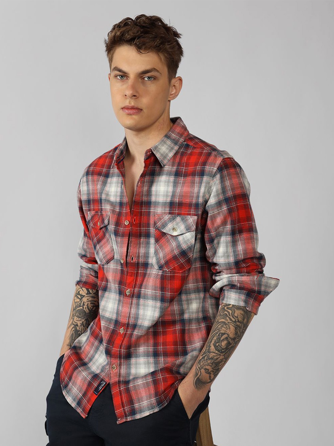 

Dennis Lingo Men Spread Collar Tartan Checked Cotton Relaxed Fit Casual Shirt, Red