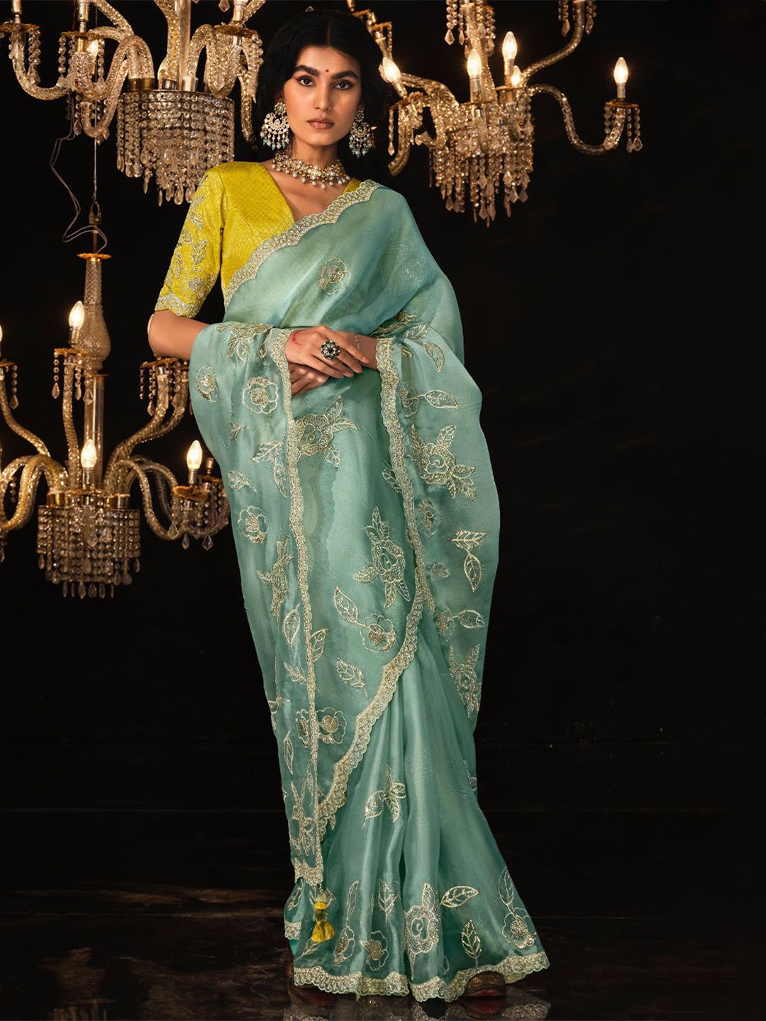 

MySilkLove Floral Satin Saree, Green