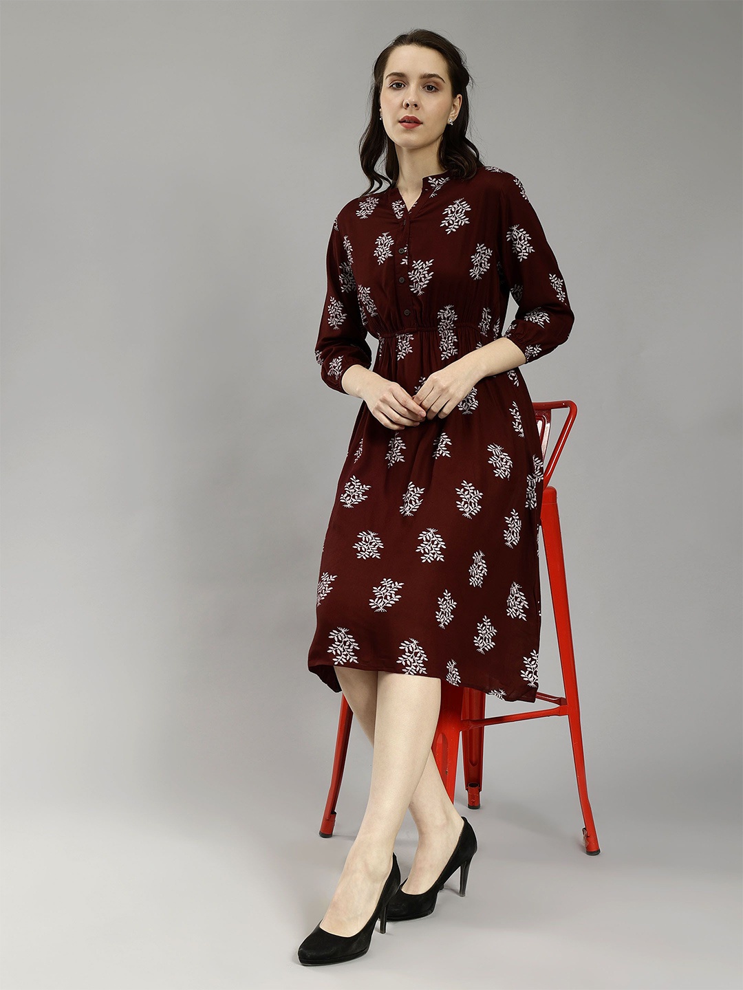 

ENTELLUS Ethnic Motifs Printed A-Line Dress, Coffee brown